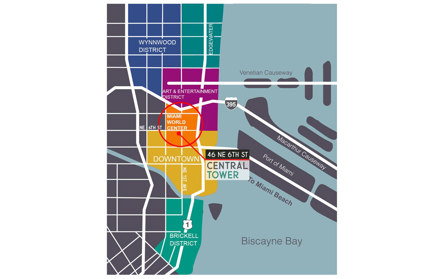 Map of Downtown Miami showing Central Tower at Miami World Center